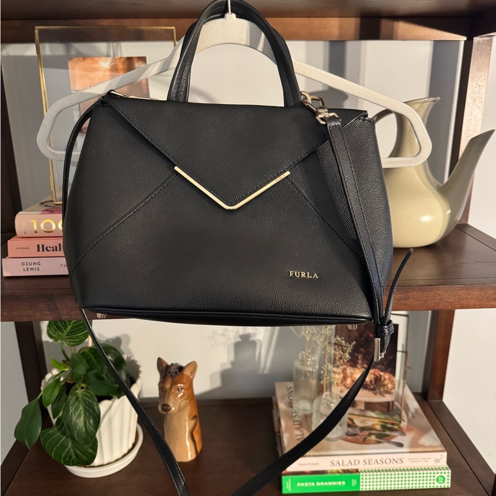 Furla Black Satchel with V-Shaped Accent